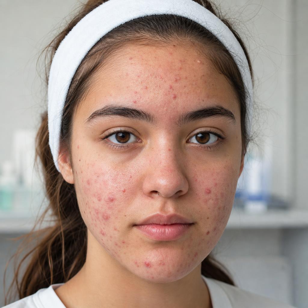 Teenage skin before acne treatment — inflamed breakouts on cheek